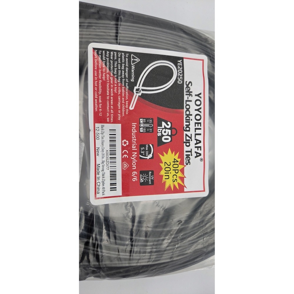 Black Zip Ties Heavy Duty 20 Inch Outdoor, 250lb Extra Large  Assorted Sizes